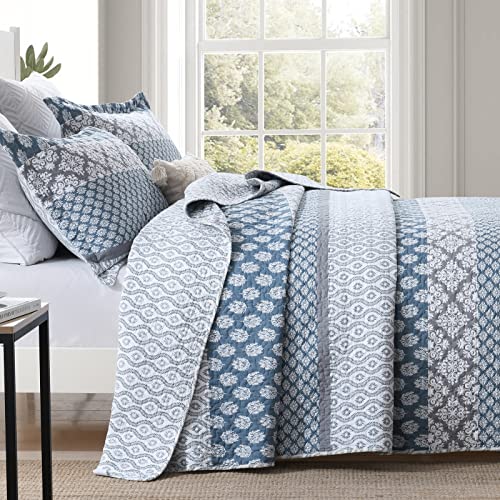 SahSahCasa Quilt King Size, King Quilt Set, 100% Cotton Floral Quilt, King Quilt Bedding Set Bedspreads, Patchwork Reversible Lightweight Comforter Bed Spread for All Season, Blue/Gray, 3 Pieces by SahSahCasa - Image 3