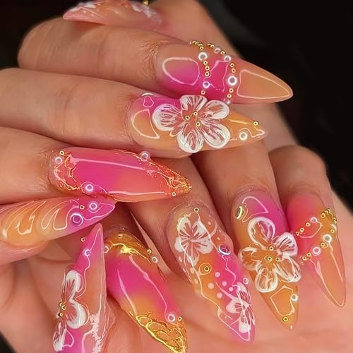 VOTACOS 24PCS Pink Acrylic Press on Nails Almond Medium 3D White Flower Fake Nails Press Ons with Designs Spring Summer Glue on Nail for Women Pearl Golden Bead Reusable Artificial Stick on False Nail — view 2