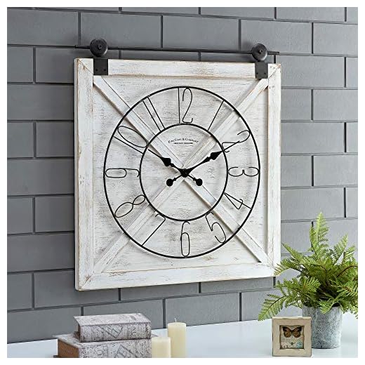 FirsTime & Co. White Farmstead Barn Door Wall Clock for Home Office, Kitchen, Living Room, Bedroom, Square, Wood and Metal, Farmhouse Decor, (27"W x 29"H inches)