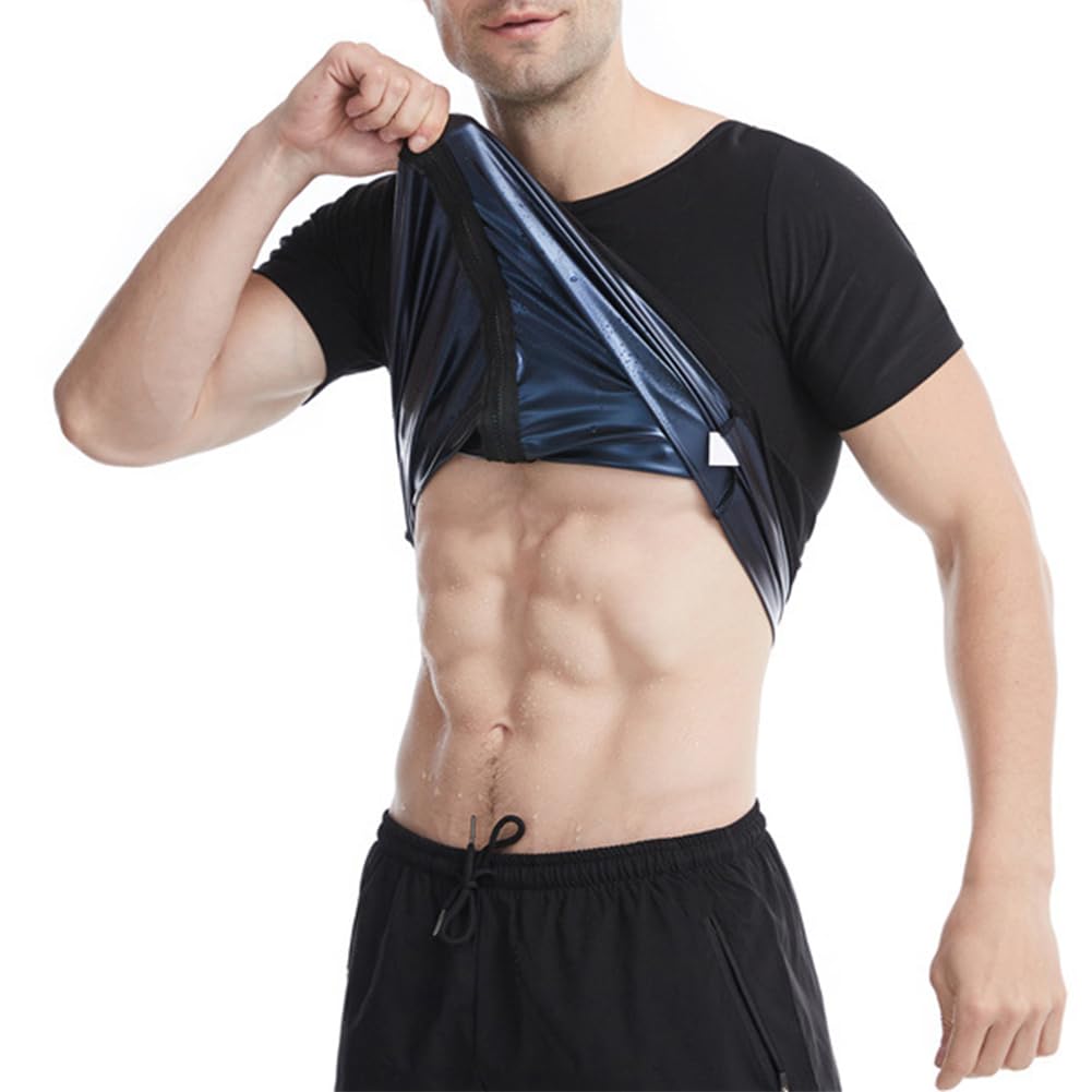 Maglia Sauna Uomo Tuta Sauna Dimagrante,Maglietta Sauna Compressione con Cerniera,Fitness T-Shirt Manica Corta Camicia Sauna Panciera Snellente Allenamento Palestra Fitness Sudorazione Body Shaper