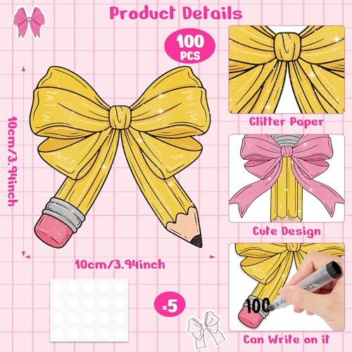 Image of Back to School Cutouts - 100Pcs Pencil Bow Glitter Paper Cut-Out with Glue Points Bulk Bow Cut-Outs for First Day of School Bulletin Board Classroom Party DIY Craft Supplies Chalkboard Door Wall Decor