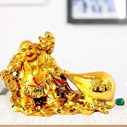 Image of Feng Shui Laughing Buddha Sitting On Dragon Blessing Good Luck Decorative Showpiece for Good Fortune, Success & Prosperity, Budha Showpieces for Home Decor (Buddha with Potli)