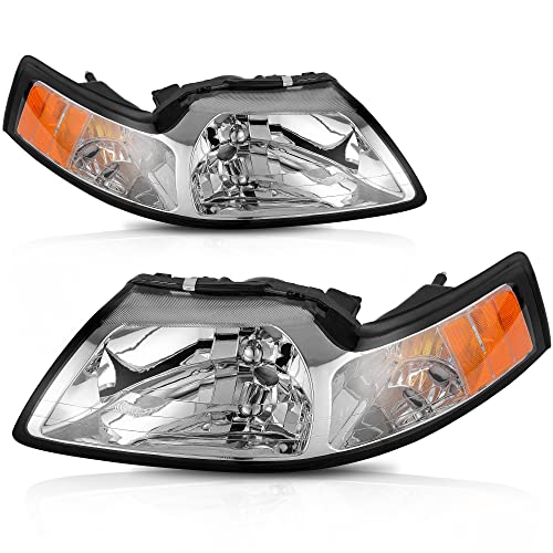 Image of oEdRo Headlight Assembly Compatible with 1999-2004 Ford Mustang, Headlamp with Amber Reflector Chrome Housing - Driver and Passenger Side