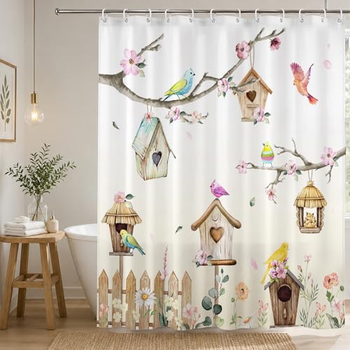 Birdhouse Shower Curtain Rustic Floral Bird Bath Curtain 72x72 In