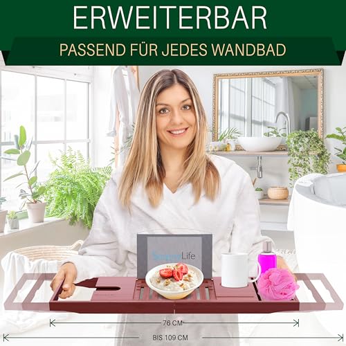 SereneLife Badewannenbrett Bambus – Ausziehbares Tablett mit Halterung Badewannenablage mit rutschfesten Silikon-Griffen Wellness Zubehör und Wellness Tablett für Bücher Wein Snacks