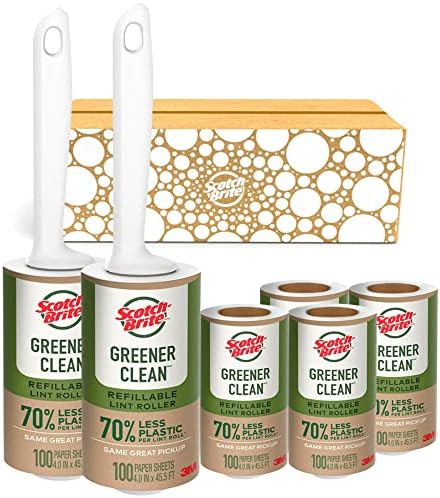 Scotch-Brite Greener Clean Lint Roller, Reusable Lint Rollers for Clothes, Furniture, and Pet Hair, Tidy Up Fabrics with a More Sustainable Fuzz Remover, 2 Roller, 4 Refills Scotch-Brite Greener Clean Lint Roller, Reusable Lint Rollers for Clothes, Furniture, and Pet Hair, Tidy Up Fabrics with a More Sustainable Fuzz Remover, 2 Roller, 4 Refills