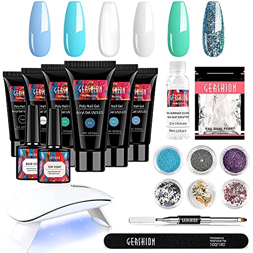 Gershion Poly Nail Gel Kit with UV Lamp and Slip Solution, Nail Extension Gel with Base Gel Top Coat Rhinestone Glitter Butterflies Sticker Nail Tools, Nail Salon Supplies DIY Manicure Set for Starter