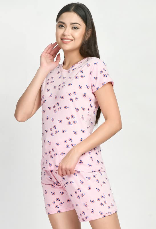 Image of IndiWeaves Cotton Printed Tops and Shorts Set Night Suit for Women (Pack of 3) Pink::Caret::Blue