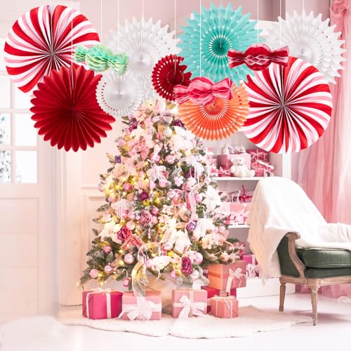 Image of Christmas Hanging Paper Fans Decoration Christmas Peppermint Candy Hanging Ornaments Party Ceiling Hangings Deco Candy Tissue Paper Fans Backdrops Party Supply