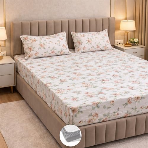 Image of THEA Elastic Fitted Double Bedsheet Set| 100% Cotton Like Soft Fabric | Microfiber Double Bedsheet for Double Bed (72 X 78 x 6 inches) with 2 Pillow covers,English Blossom