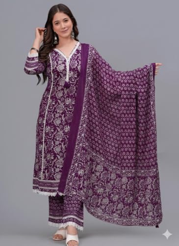 Image of Amayra Women's Pure Cotton Printed Straight Kurta Set with Palazzo Pants & Dupatta- Ethnic Wear