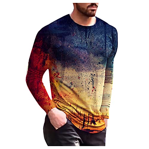 Tops for Men Colorful Abstract Curve Print Long Sleeve Fashion Round Neck T-Shirt Autumn Casual Lightweight Blouse Tee (08 Orange, L)