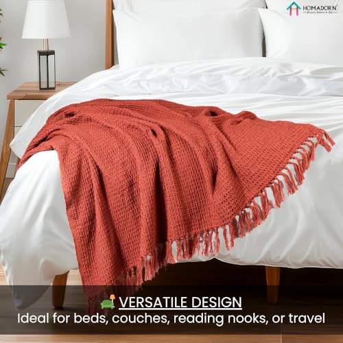 Image of HOMADORN Waffle Weave Cotton Throw Blanket - Lightweight, Breathable & Cozy for Sofa or Bed (100% Cotton)(50X60 Inches) Rust