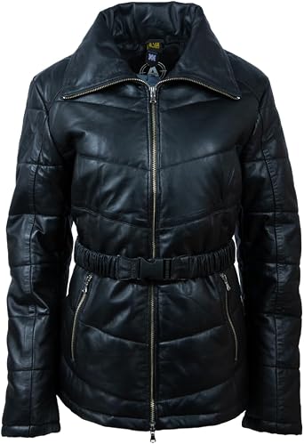 Aviatrix Womens Real Leather Puffer Jacket with Belt KDFX