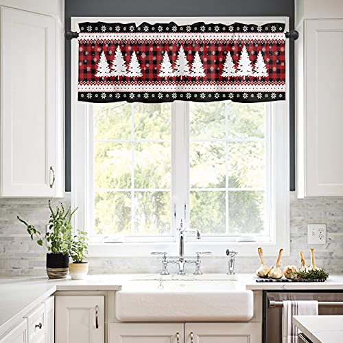 Christmas Valance For Windows Pine Xmas Tree Snowflake Window Toppers Valances Rod Pocket 1 Panel Red Buffalo Plaid Window Treatments For Kitchen Bathroom Bedroom 54 X 18 Inch #TOP4
