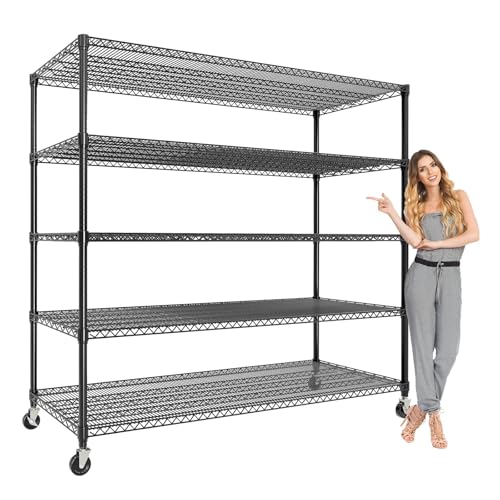 Image of GarveeTech 5-Tier Wire Storage Shelves with Wheels, 3300LBS Heavy Duty Metal Shelving Unit with Adjustable Storage Shelves for Home, Pantry & Warehouse, Easy Assembly, 82.6 inch H x 59W x 23.6 inch D