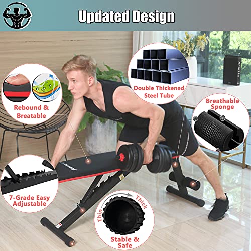 KOMSURF Workout Bench, Adjustable Weight Bench, Exercise Bench Press for Home Gym, Foldable Equipment Body Gym System, Strength Training Bench for Full Body Workout