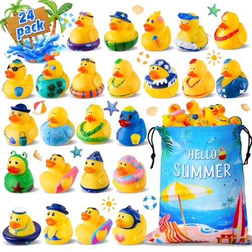 24 Pcs Summer Rubber Ducks with a Bag, Ducks for Cruise Ship Hiding, Ducks for Jeeps, Assorted Beach Duckies Toys for Summer Vacation, Cruise Essentials 2026, Beach Party Favors Gifts for Kids