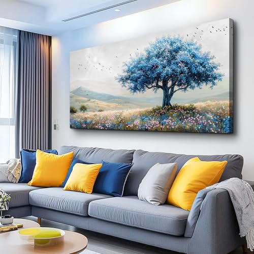 KELIYUAN Large Farmhouse Wall Decor For Living Room Frame Wall Art For Bedroom Office Decoration Field Scenery Wall Painting Blue Trees Artwork canva Pictures Modern Aesthetics Home Decor 30x60In