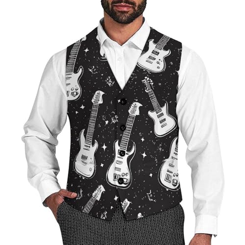 Rock And Roll Themed Men's Suit Vest Slim Fit V-Ncek Waistcoat Business Casual Vest