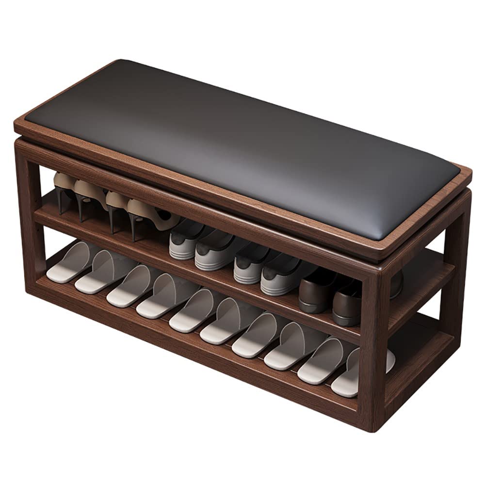 Banc à chaussures en bois avec rangement et siège cuir