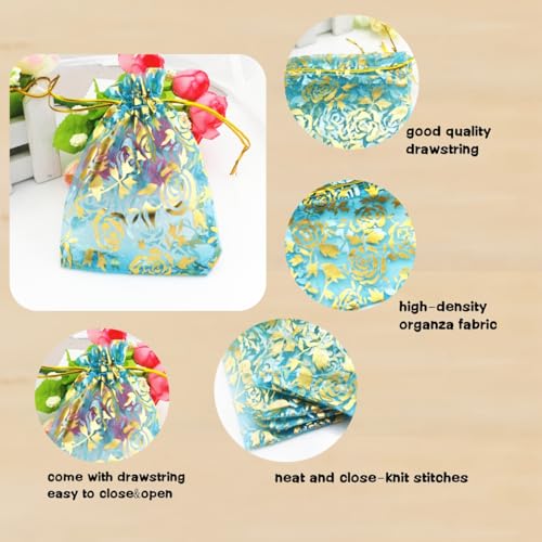 Image of 100 pcs 3.5 x 4.7 Inch Flower Heart Organza Jewelry Gift Pouch Candy Pouch Drawstring Wedding Favor Bags X92 (turquoise gold flower)