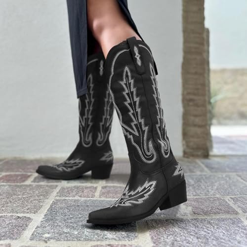 Image of STALOV Cowboy Boots for Women Pull On Chunky Heel Boots Knee High Cowgirl Boots Western Pointed Toe Boots Embroidered Suede Boots