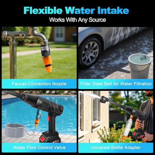 652PSI Cordless Pressure Washer - 2×15000mAh, 6-in-1 Nozzle & 6m Hose, 3 Water Sources(Tap/Bucket/Bottle), w/Stop Valve, Tap Connector & Soap Bottle, Portable Power Washer for Car/Garden/Home