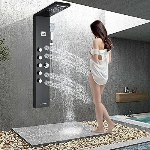 Panel de ducha de torre con sistema mezclador, chorro lluvia y masaje, fabricado en acero inoxidable y latón miniatura 1