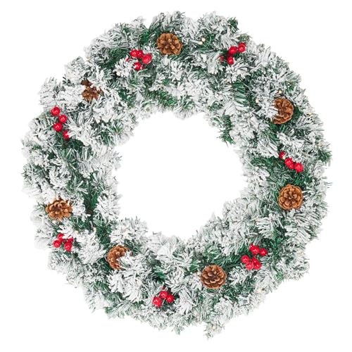 Christmas Wreaths for Front Door, 27 Inch Snow Flocked Christmas Wreaths, Christmas Wreath with Lights,Large Christmas Wreath, Prelit Christmas Decor with Pine Cones, Pine Needles,Red Berries