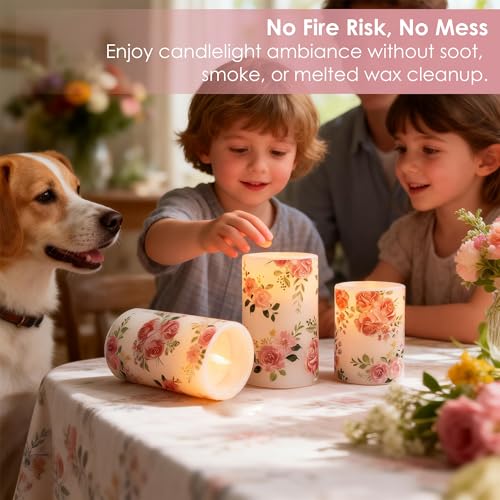 Image of LUSHARBOR Flameless Candles with Remote, Battery Operated Candles Real Wax Pink Rose Flickering LED Candles Floral Christmas Decor Electric Pillar Candles Set of 3