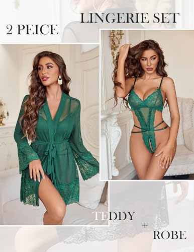 Avidlove Womens Teddy Lingerie Set Sexy Robe and Nightgown Sets One Piece Babydoll Green Medium - image 2