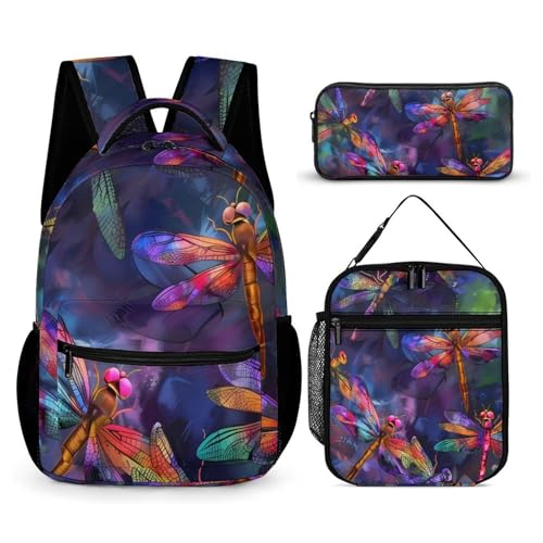 Colorful Dragonflies Funny Backpack Set with Lunch Bag And Pencil Case Lightweight Bags Sets