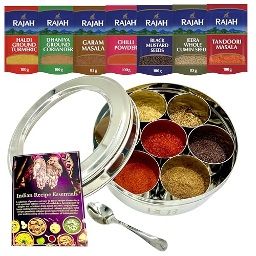 Bub Masala Dabba - Caja de especias de acero inoxidable con tapa, cuchara y libro de recetas de 7 ollas, 7 especias Rajah en paquetes resellables, juego de regalo (lata de especias 7 y kit de especias