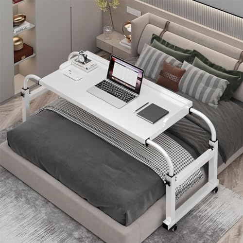 Mesa para cama con 4 ruedas, altura ajustable de 65 a 95 cm, mesa médica rodante, estación de trabajo para computadora, marco de cama tamaño individual, matrimonial, queen, king (color: blanco)