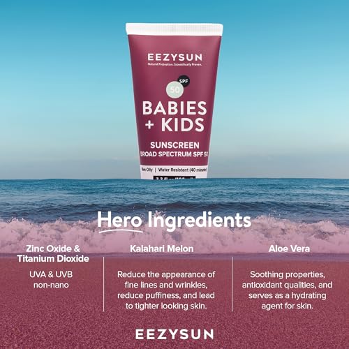 EEZYSUN Babies & Kids SPF 50 Mineral Sunscreen | Dermatologically Tested for Sensitive Skin | Contains Aloe Vera | Sweat/Water Resistant | Cruelty-Free | Reef-Safe | Travel Size - 3.3 FL OZ - Thumbnail 6