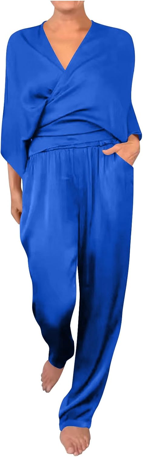 HGps8w 2 Piece Sets for Women Summer 2025 Dressy Satin Loose Wrap Office Shirts Matching Long Pants Business Vacation Outfits
