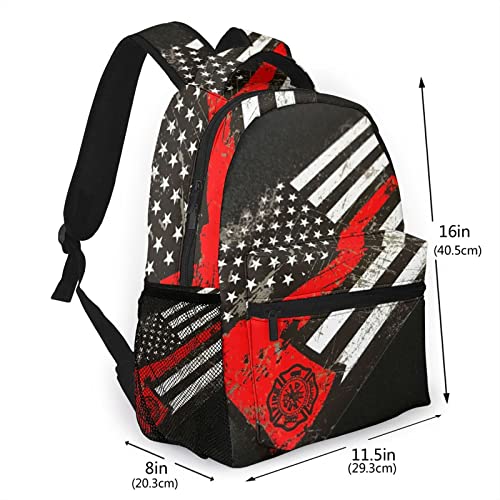 USA Thin Red Line Firefighter Axe Pattern Casual School Backpack Bag, Laptop Hiking Travel Shoulder Daypack College Bookbag for Men Woman Girls Boys Teens2