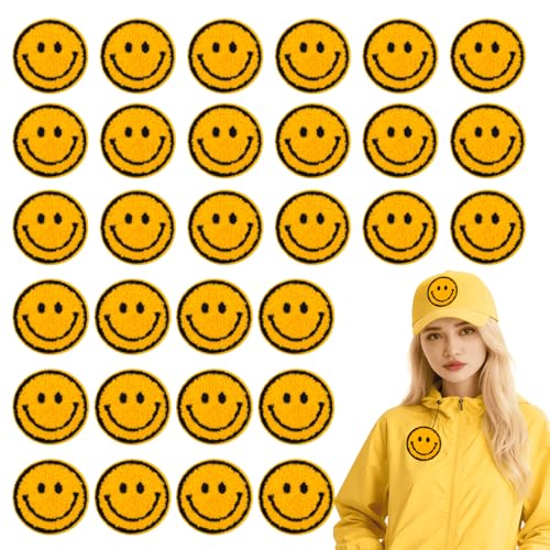 QinXunTa 30PCS Bulk Iron on Patches,Iron on Smiley Face Patch for Hats,Clothing,Jeans(Yellow)