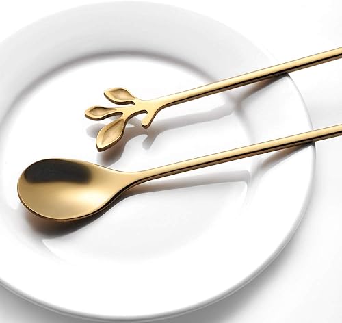 Miniatura 9 de AnSaw Gold Leaf Handle - Cucharas largas de acero inoxidable de 7.4 pulgadas para café y té, cucharas para remover café, juego de 20