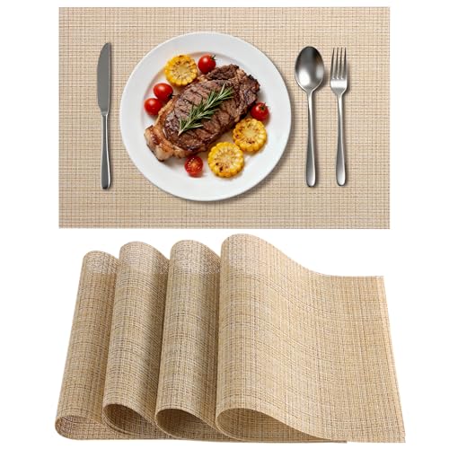 Timeet Placemats Set of 4, Heat Resistant Non-Slip Place Mats for Dining Table, Durable Washable PVC Vinyl Woven Table Mats, Linen Textured Placemats for Kitchen Resistant Easy to Clean(Beige