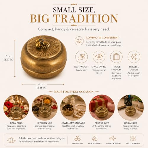 Image of Handcrafted vintage Items Antique Brass Katordan | Round Shape Mini Box For Multi Uses Puja, Roli, Chandan, Haldi, Sindoor, Turmeric, Masala | Mini, 6L x 5W x 5H cm, Pack of 2