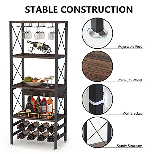 Tribesigns Wine Bakers Rack, 4-Tier Industrial Wine Rack Freestanding Floor With Glass Holder And Wine Storage, Wine Bar Cabinet With Storage For Home Kitchen Dining Room, Rustic Brown #TOP4