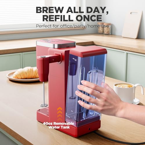 Image of Tastyle 330MF Single Serve Coffee Maker with Built-in Detachable Milk Frother, Iced and Hot Coffee Machine for K Cup & Grounds, 40oz Removable Water Reservoir, 6 Cup Sizes, Fits 7.3 inch Travel Mug, Red