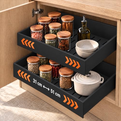Avix Home 2 Cajones Extraibles para Cocina 31-51 cm Sin Taladrar, Todo al Alcance sin Perder Nada al Fondo, Organizador Armario Cocina y Despensa de Acero con Guías Telescópicas, Pack de 2, Negro