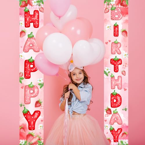 Image of Avezano Berry First Birthday Banner Strawberry Shortcake Porch Banner Strawberry Birthday Decorations for Girls Indoor Outdoor