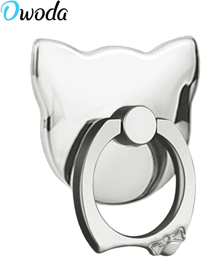 Owoda Cute Cat Phone Finger Ring Stand 360 Degree Rotating Ring Grip Anti Drop Holder with bow-knot for iPhone iPad and All Cellphone (Plated Mirror-Silver)