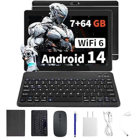 Veidoo 2 in 1 Portable Android Tablet with Keyboard, Mouse & Stylus, Tablet 10.1 inch IPS HD Screen with 7GB RAM (3GB+4GB) 64GB ROM Expandable to 512GB, Octa-Core Processor, WiFi 6 Cover