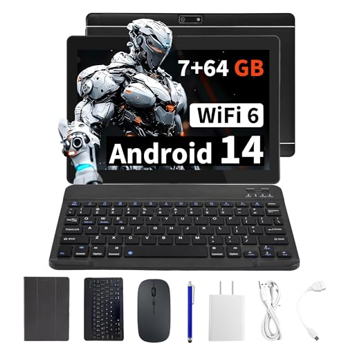 Veidoo Tableta Android portátil 2 en 1 con teclado, mouse y lápiz capacitivo, tableta IPS HD de 10.1 pulgadas con 7 GB de RAM (3 GB + 4 GB) 64 GB ROM ampliable a 512 GB, procesador Octa-Core, WiFi 6