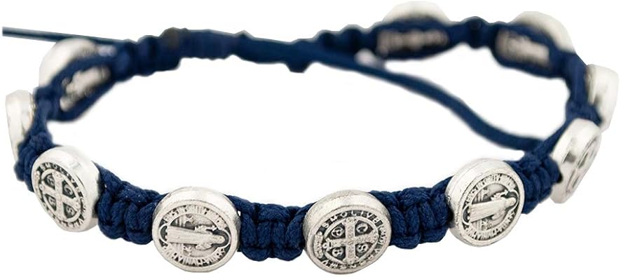 St. Benedict Medal Woven Bracelet | Patron Saint of Students and Europe | Adjustable Length | Ten Detailed St. Benedict Medal Beads | Durable Cord and Strong Construction Blue